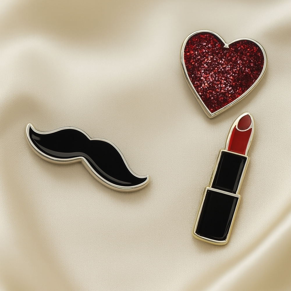 Stylish Enamel Pin Set – Red Glitter Heart, Black Mustache & Luxe Lipstick Jewel